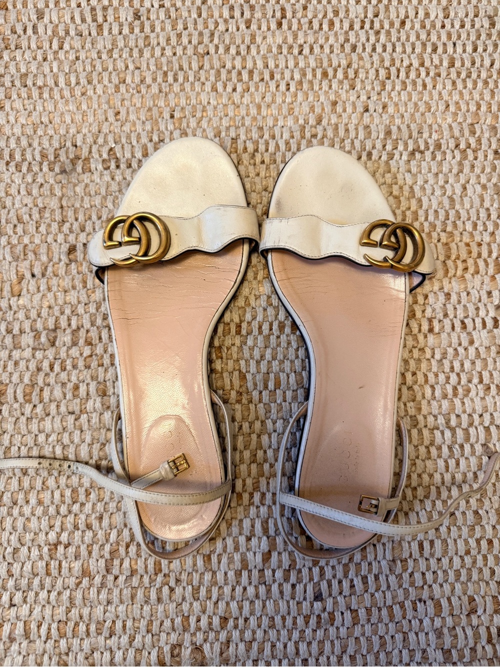 Gucci Cream Leather Sandals with Gold Double G
